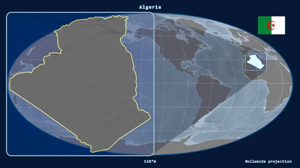 Увеличенный Вид Алжира Перспективными Линиями Против Глобальной Карты Проекции Моллвейда — стоковое фото