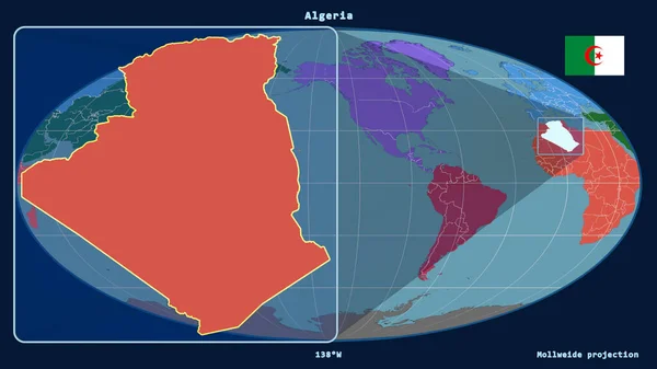 Zoomed View Algeria Outline Perspective Lines Global Map Mollweide Projection — Stock Photo, Image