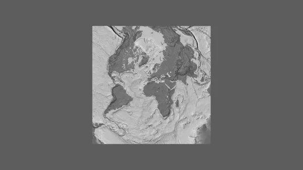 Square frame of the large-scale map of the world in an oblique Van der Grinten projection centered on the territory of Algeria. Bilevel elevation map