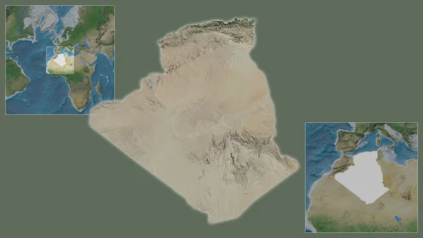 アルジェリアのクローズアップと地域と大規模な世界地図の中心部に位置しています 衛星画像 — ストック写真