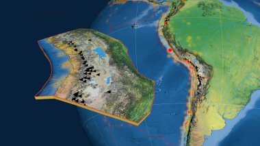 Altiplano tektonik plaka yayıldı ve dünyaya karşı sunuldu. Doğal dünya topografik haritası. 3B görüntüleme