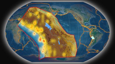 Altiplano tektonik plaka, Kavrayskiy projeksiyonundaki küresel renk fiziksel haritasına karşı çıktı ve sunuldu. 3B görüntüleme