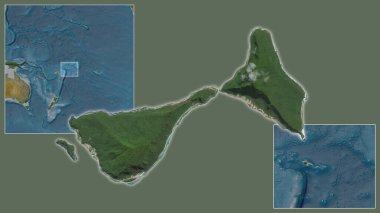 Amerikan Samoa Manua 'sına ve bölgedeki konumuna ve büyük ölçekli bir dünya haritasının merkezine yakın çekim. Uydu görüntüleri
