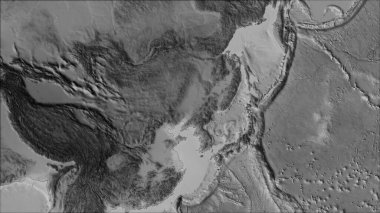 Van der Grinten I projeksiyonundaki (eğik dönüşüm) gri tonlu haritada Amur tektonik plakasının komşuları. Ham bileşik - ana hatları yok