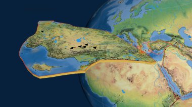 Anadolu tektonik plakası yayıldı ve dünyaya karşı sunuldu. Doğal dünya topografik haritası. 3B görüntüleme
