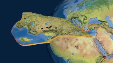 Anadolu tektonik plakası yayıldı ve dünyaya karşı sunuldu. topografik harita. 3B görüntüleme