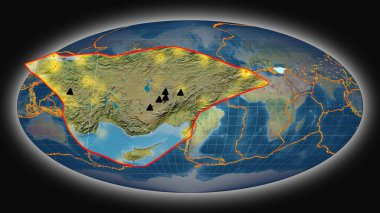 Anatolian tectonic plate extruded and presented against the global topographic map in the Mollweide projection. 3D rendering