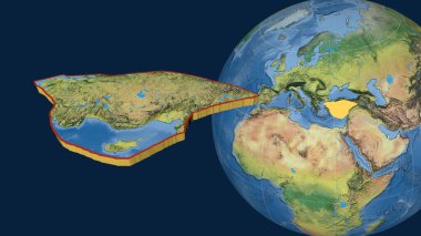 Anadolu tektonik plakası yayıldı ve dünyaya karşı sunuldu. topografik harita. 3B görüntüleme