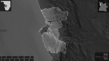 Bengo, Angola vilayeti. Gölleri ve nehirleri olan gri tonlu bir harita. Ülke alanına karşı bilgilendirici örtülerle sunulan şekil. 3B görüntüleme