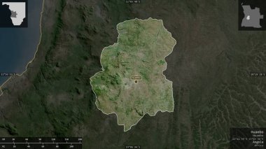Huambo, Angola vilayeti. Uydu görüntüleri. Ülke alanına karşı bilgilendirici örtülerle sunulan şekil. 3B görüntüleme
