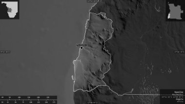 Namibe, Angola vilayeti. Gölleri ve nehirleri olan gri tonlu bir harita. Ülke alanına karşı bilgilendirici örtülerle sunulan şekil. 3B görüntüleme