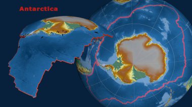Antarktika tektonik plakası dünyaya karşı tanımlanmış, çıkarılmış ve sunulmuştur. Topoğrafik yardım haritası. 3B görüntüleme