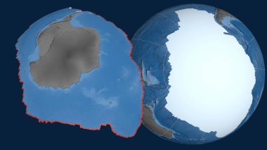 Antarktika tektonik plakası yayıldı ve dünyaya karşı sunuldu. topoğrafya ve batimetri renkli yükseklik haritası. 3B görüntüleme