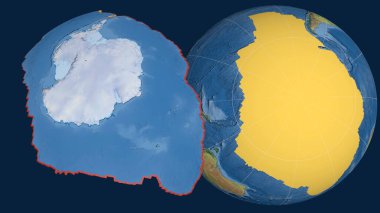 Antarktika tektonik plakası yayıldı ve dünyaya karşı sunuldu. Doğal dünya topografik haritası. 3B görüntüleme