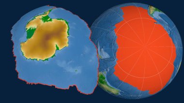 Antarktika tektonik plakası yayıldı ve dünyaya karşı sunuldu. renk fiziksel harita. 3B görüntüleme