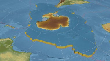 Antarktika tektonik plakası genişletildi, dışarı çıkarıldı ve Azimuthal Equidistance projeksiyonunun kenarlarında bulunan küresel renk fiziksel haritası doğu tarafına döndürüldü. 3B görüntüleme