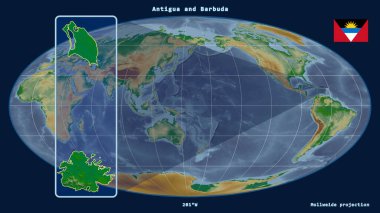 Antigua ve Barbuda 'nın yakınlaştırılmış görüntüsü Mollweide projeksiyonundaki küresel haritaya karşı perspektif çizgileriyle birlikte. Sol tarafta bir şekil var. renk fiziksel haritası