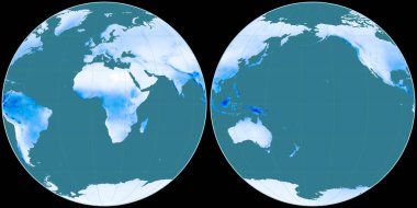Apian projeksiyonundaki dünya haritası 11 Doğu boylamına odaklı. Yıllık ortalama yağış haritası. Raster 'ın ham bileşimi. 3B illüstrasyon