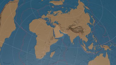 Arabiann tektonik plakası, Azimuthal Equidistance projeksiyonunda kenarları kesik küresel gri ölçekli yükseklik haritasına göz atmaktadır. 3B görüntüleme