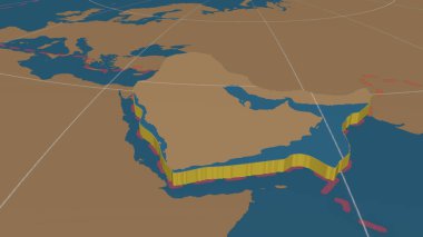 Arap tektonik plakası genişletildi, dışarı çıkarıldı ve sadece küresel şekillerin güneyine doğru döndürüldü - Azimuthal Equidistance projeksiyonunda karadan / okyanus maskesi ile kenarları parçalanmış. 3B görüntüleme