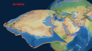 Arap tektonik plakası tanımlandı, çıkarıldı ve dünyaya karşı sunuldu. Doğal dünya topografik haritası. 3B görüntüleme