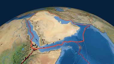 Arabistan tektonik plakası dünyaya çizilmiş. Uydu görüntüleri. 3B görüntüleme
