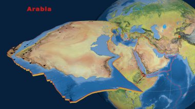 Arap tektonik plakası tanımlandı, çıkarıldı ve dünyaya karşı sunuldu. topografik harita. 3B görüntüleme