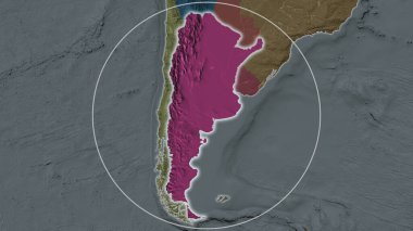 Arjantin 'in genişletilmiş bölgesi çevresinin arka planında bir daire ile çevrili. İdari bölümün renk haritası