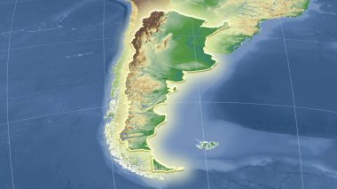 Arjantin ve mahallesi. Uzak eğimli perspektif - şekil parlıyordu. renk fiziksel haritası