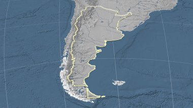 Arjantin ve mahallesi. Uzak eğimli perspektif - şekil çizilmiş. Gri tonlama yükseklik haritası