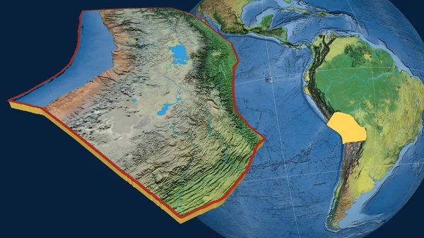Altiplano tectonic plate extruded and presented against the globe. topographic map. 3D rendering