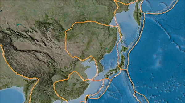 アムールプレート領域に隣接する領域の衛星Bマップ上の構造プレートの境界 ヴァン グリンテンI予測 斜めの変換 — ストック写真