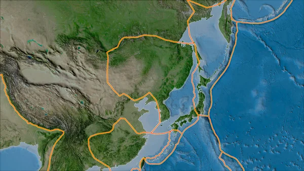 衛星上の構造プレートの境界アムールプレート領域に隣接する領域の地図 ヴァン グリンテンI予測 斜めの変換 — ストック写真