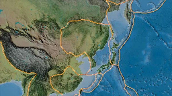 アムールプレート領域に隣接する領域の地形図上の構造プレートの境界 ヴァン グリンテンI予測 斜めの変換 — ストック写真