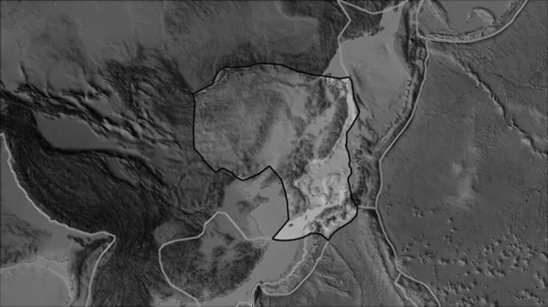 概要隣接する地域の砂漠化によって分離されたグレースケールマップ上のアムール地殻プレート ヴァン グリンテンI予測 斜めの変換 — ストック写真