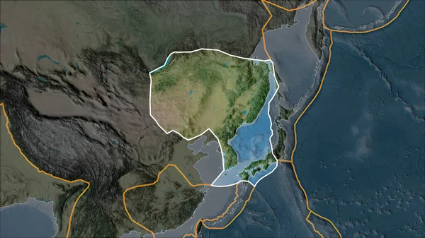 概要隣接する地域の砂漠化によって分離された地形図上のアムール地殻プレート ヴァン グリンテンI予測 斜めの変換 — ストック写真