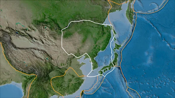 Umrissene Tektonische Amurplatte Und Grenzen Benachbarter Platten Auf Der Satellitenkarte — Stockfoto