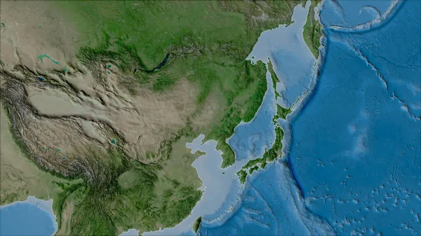 Områden Amur Tektoniska Plattan Satelliten Karta Van Der Grinten Projektion — Stockfoto