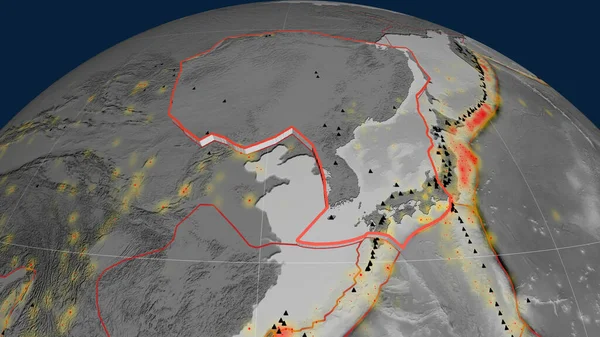 Placa Tectónica Amur Extruida Globo Mapa Elevación Escala Grises Renderizado — Foto de Stock