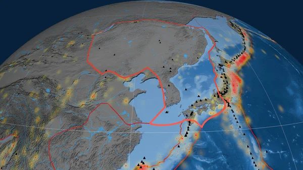 Amur Tektoniska Platta Beskrivs Jordklotet Topografi Och Batymetrifärgad Höjdkarta Rendering — Stockfoto