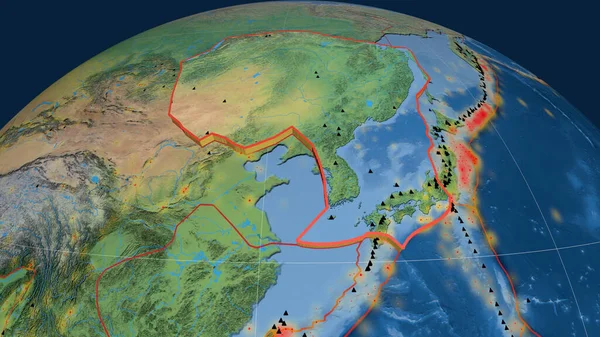 Amur Tektoniska Platta Extruderade Jorden Naturlig Jordisk Topografisk Karta Rendering — Stockfoto