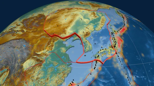 Amur tectonic plate extruded on the globe. topographic relief map. 3D rendering