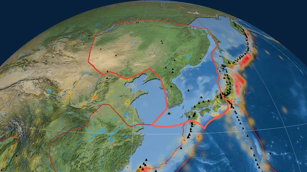 Amur Tektoniska Platta Beskrivs Jordklotet Satellitbilder Rendering — Stockfoto