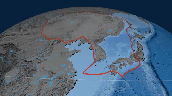 Placa Tectónica Amur Delineada Globo Topografía Batimetría Mapa Elevación Color —  Fotos de Stock