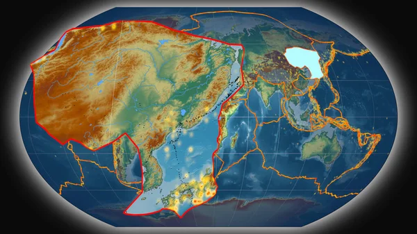 アムール テクトニック プレートは カヴァライスキー プロジェクションの世界的な地形学的レリーフ マップに対して押し出され 提示された 3Dレンダリング — ストック写真