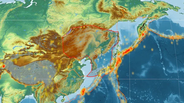 Amurova Tektonická Deska Nastíněná Globální Topografické Reliéfní Mapě Projekci Kavrayskiy — Stock fotografie