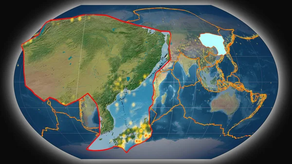 Placa Tectônica Amur Extrudida Apresentada Contra Mapa Topográfico Global Projeção — Fotografia de Stock