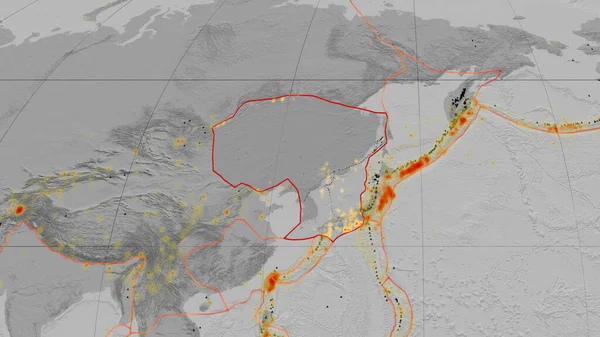 Placa Tectónica Amur Delineada Mapa Global Elevación Escala Grises Proyección —  Fotos de Stock