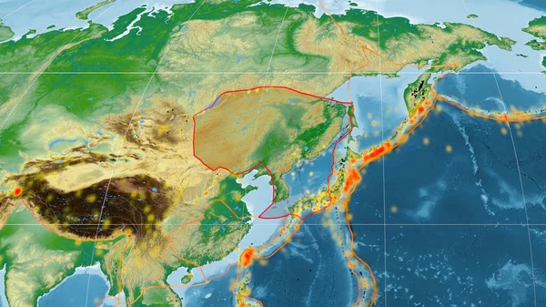 摩尔魏德投影中的全球彩色物理图上勾勒出的阿穆尔板块 3D渲染 — 图库照片