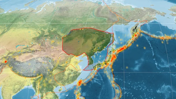 Amurova Tektonická Deska Nastíněná Globální Topografické Mapě Mollweidově Projekci Vykreslování — Stock fotografie